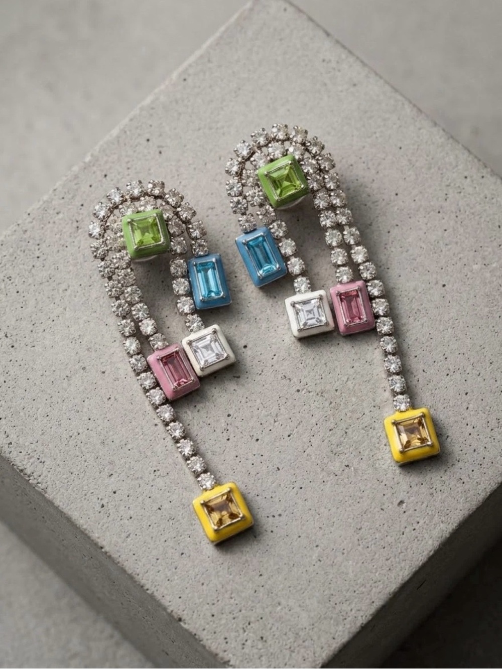 Maje Multicolor Crystal Link Drop Earrings - Green, Blue, Pink, Yellow, White